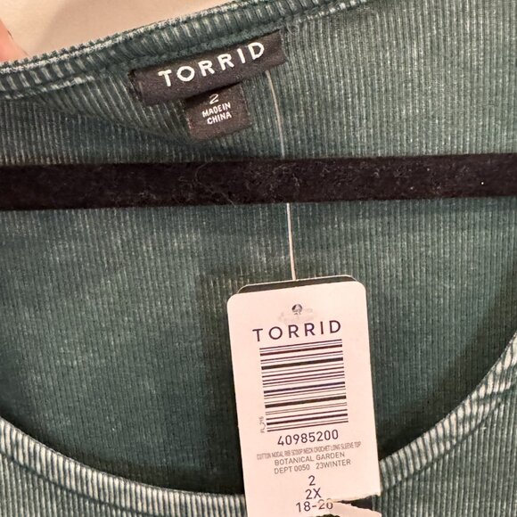 NWT Torrid 2xl Green Long-Sleeve T-Shirt with Crochet Detail Boho Ribbed Knit - Picture 3 of 7
